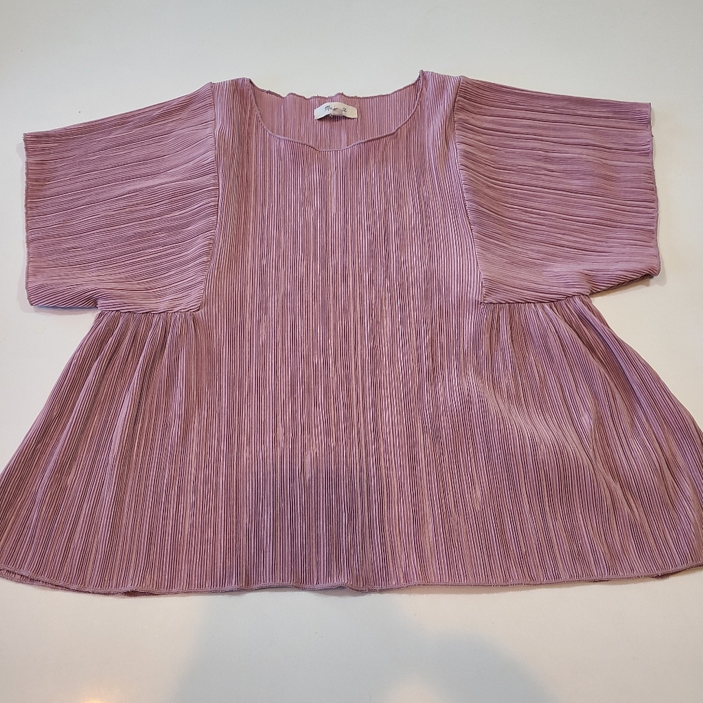 Madewell Pink/Mauve Pleated Short Sleeve Blouse Bishop Sleeves in Size Small